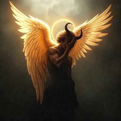 The primary subject of the image is a person, possibly a man or a boy, with wings and horns. The person appears to be in a dark, moody setting, possibly a forest or a cave. The visual style of the image is digital art, as it is a detailed and intricate illustration. The colors in the image are predominantly dark, with the wings and horns being the most prominent features. The overall atmosphere of the image is mysterious and captivating.